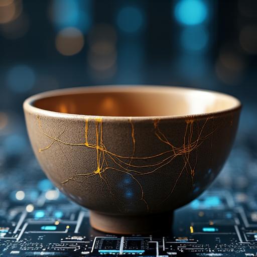 金継ぎされた器とサーバーネットワークの融合イメージ